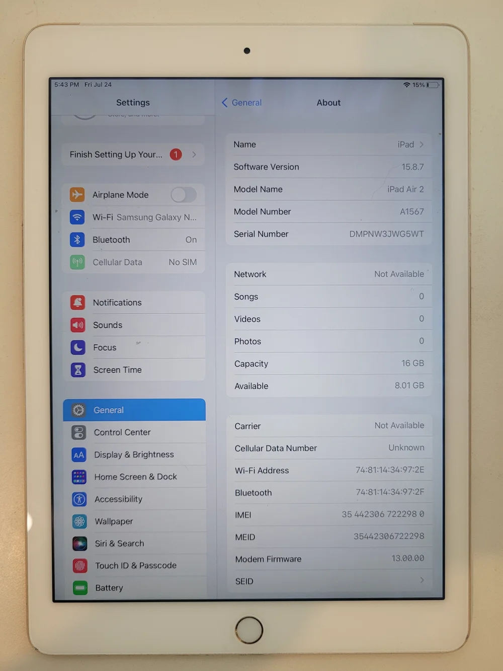 Apple iPad Air 2nd Gen 32 GB Cellular Used Gold **AJ**